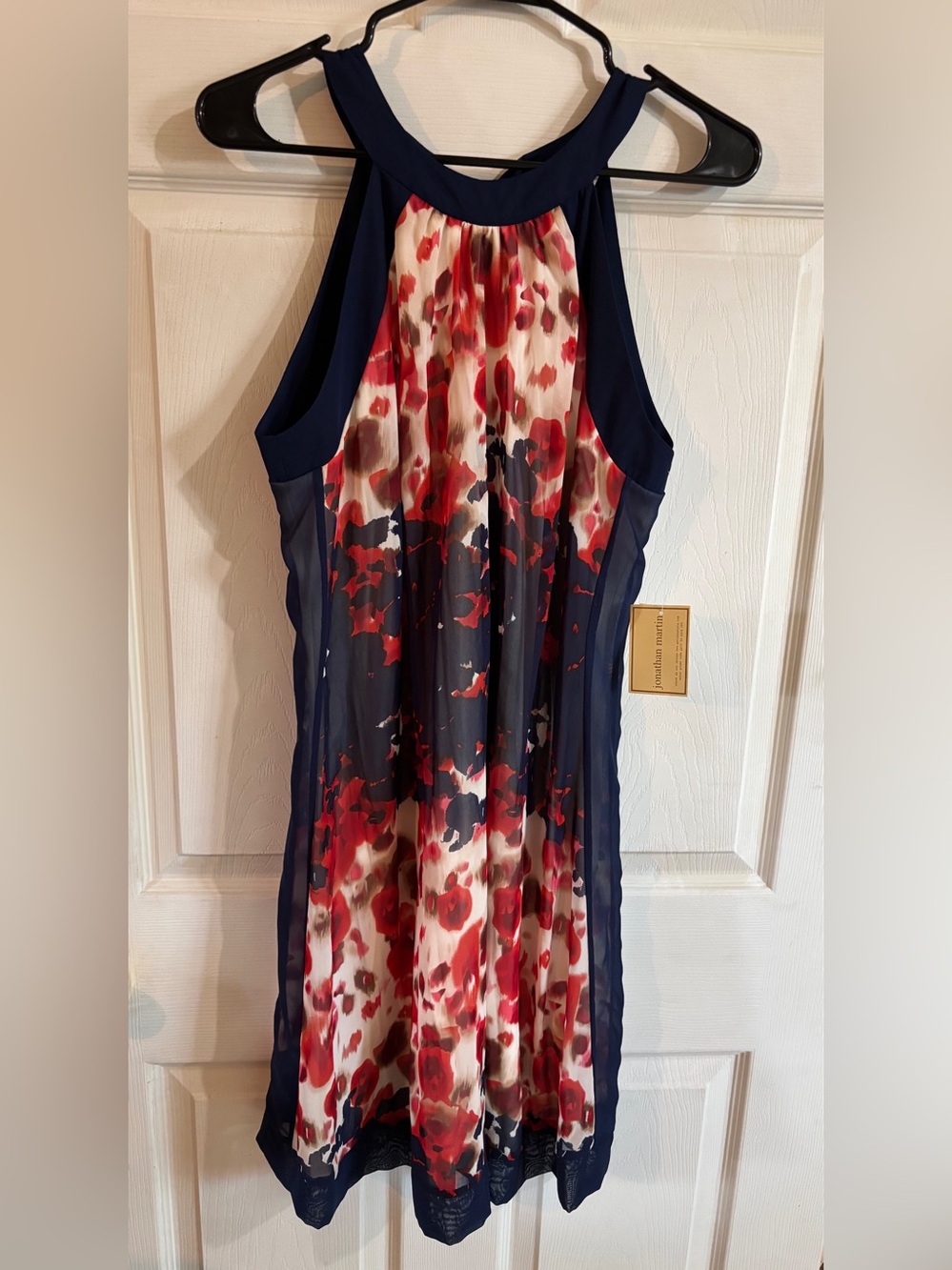 jonathan martin Navy and Red Floral Halter Mini Dress with Cream Accents